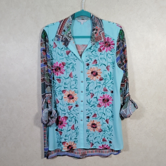 08527 John Mark aqua multi-media embroidered button blouse M - Picture 1 of 16